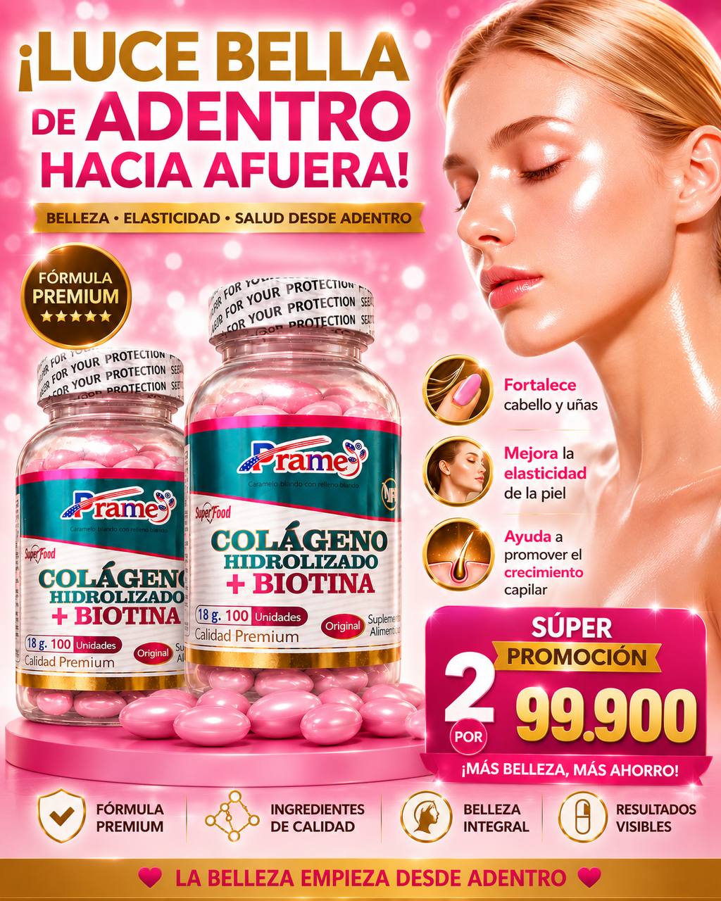 Promoción de dos frascos de Colágeno Hidrolizado + Biotina PRAME por $99.900